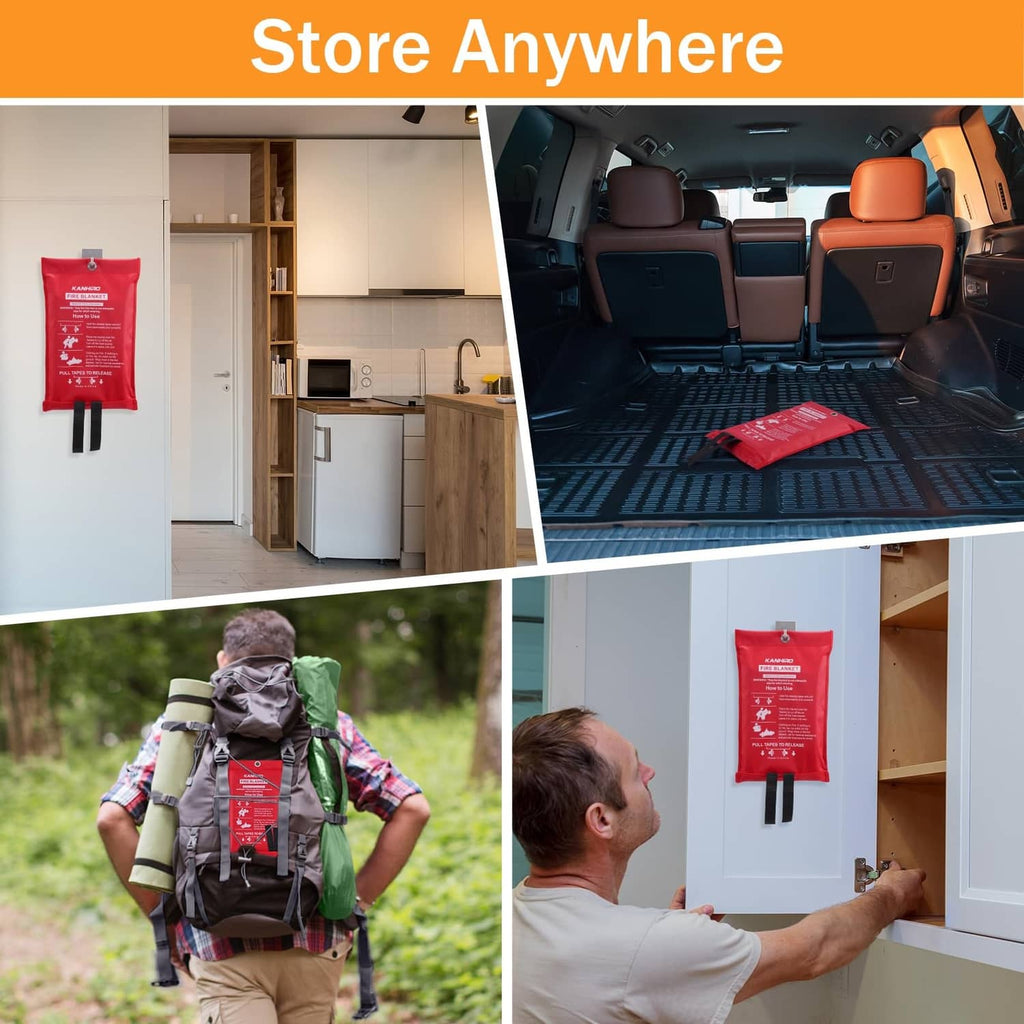 Red fire blanket pouch mounted on a door and cabinet for quick access