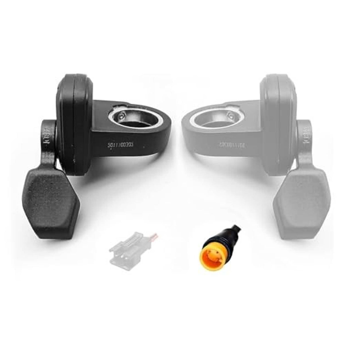 Dual thumb throttle set with black and gray housings, mounting grips and connector parts