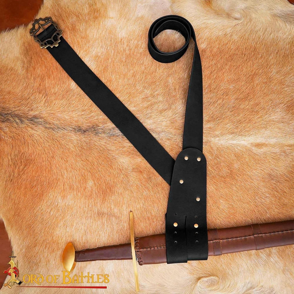 Black leather sword baldric with rivets, loop, and attached dagger sheath on fur