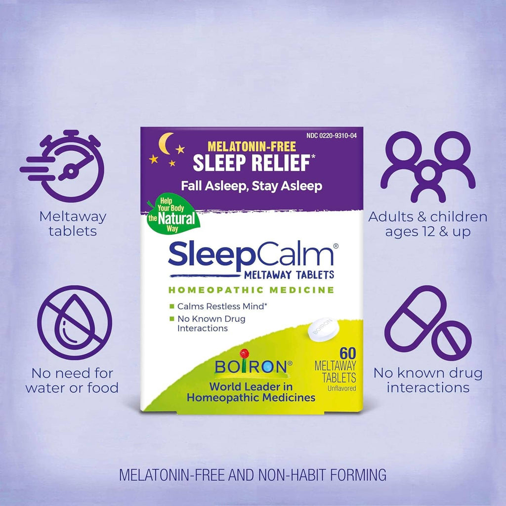 Sleep relief tablets box showing melatonin-free homeopathic tablets and 60 count