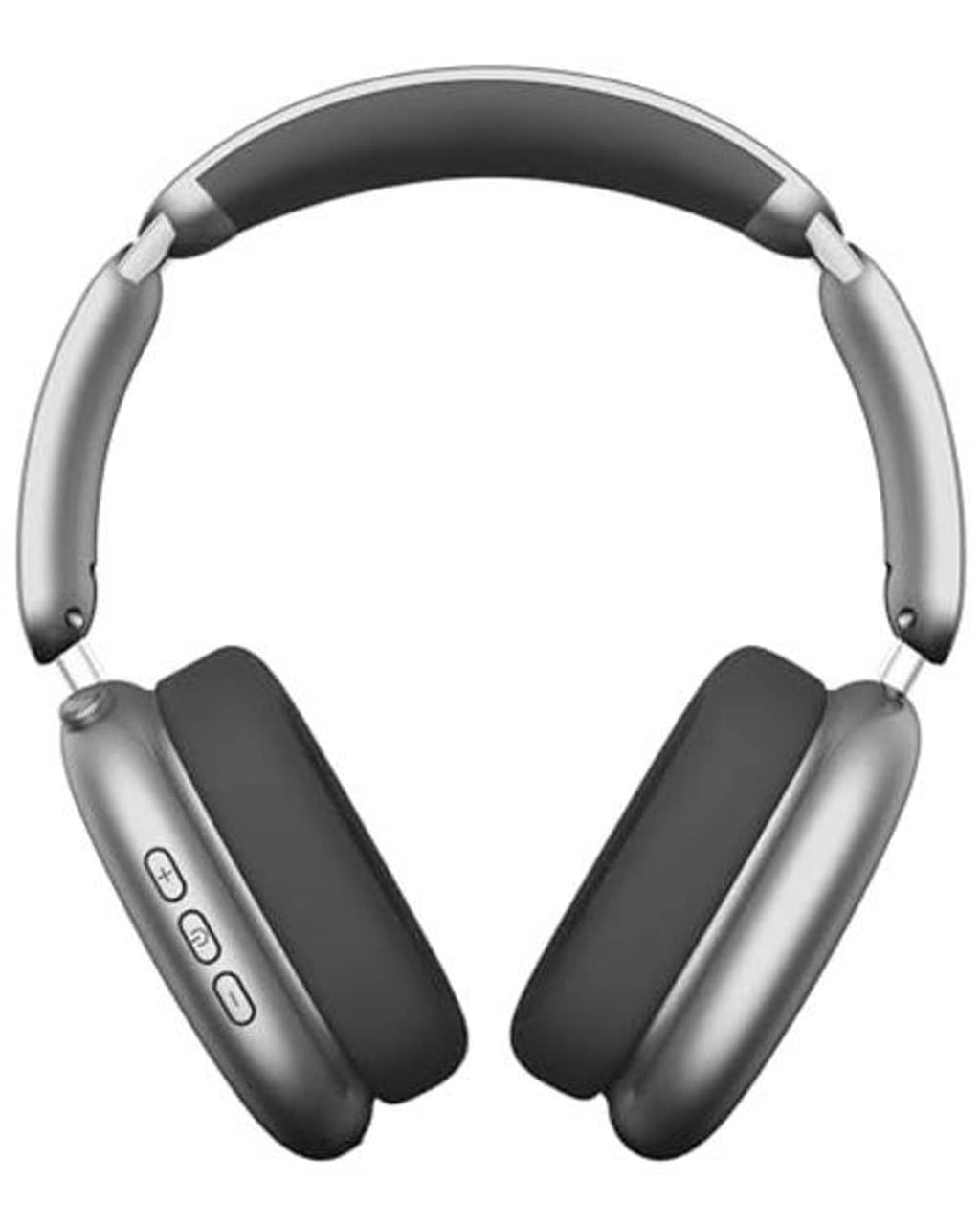 Over-ear wireless headphones, grey headband with dark oval ear cups, front view