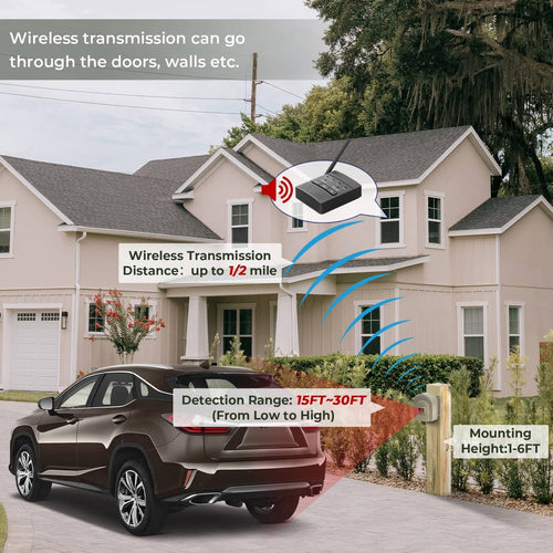 Wireless driveway alarm receiver with antenna and beige wireless sensor units for driveway