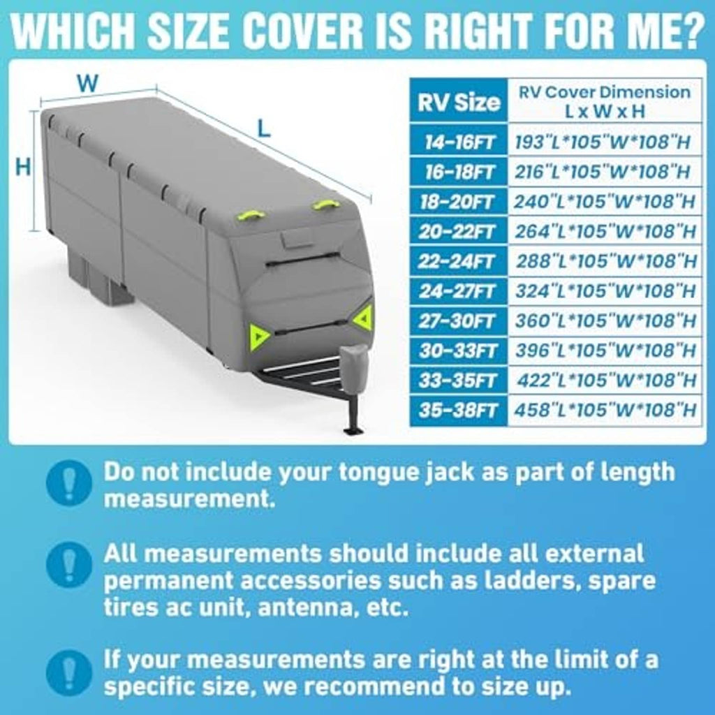 Gray RV cover size chart graphic for 27–30 ft travel trailers with cover dimensions.