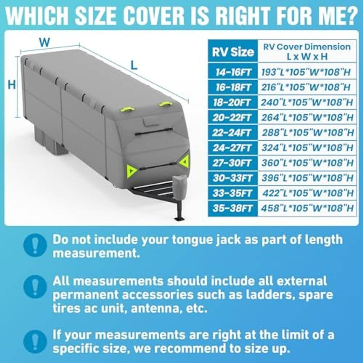 Gray RV cover size chart graphic for 27–30 ft travel trailers with cover dimensions.