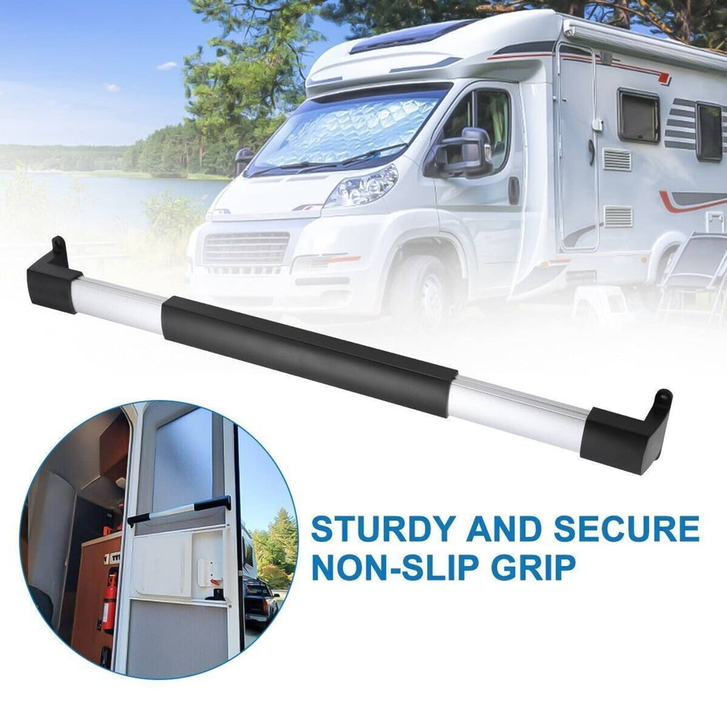 Adjustable RV screen door cross bar handle with non-slip black grip and end brackets