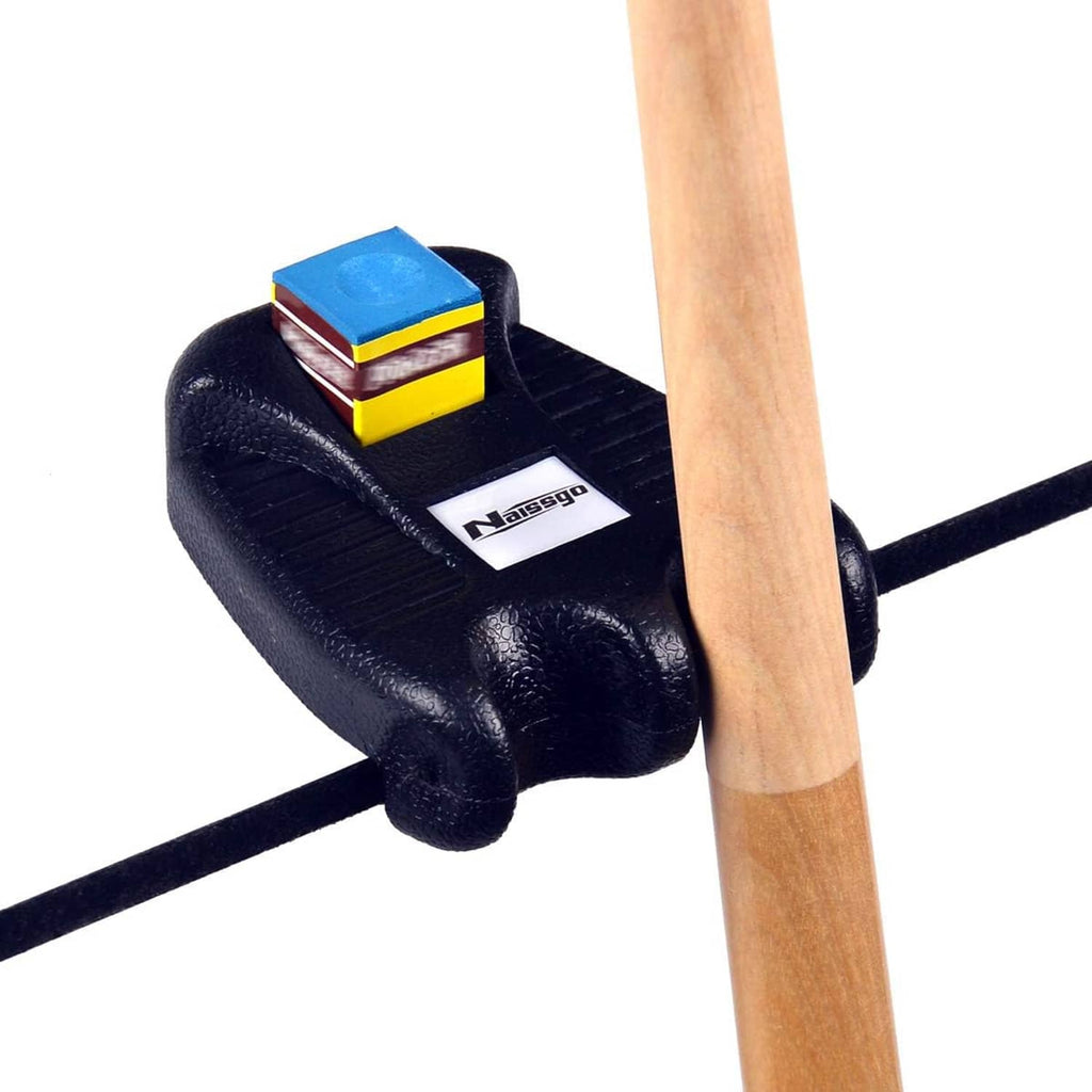 Black rubber cue holder securing a cue stick with ridged surface and label