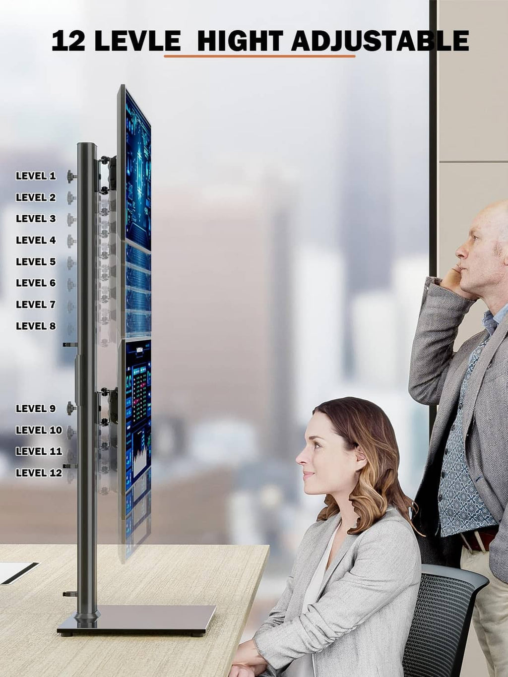 Height-adjustable dual monitor riser with tall pole and level markings