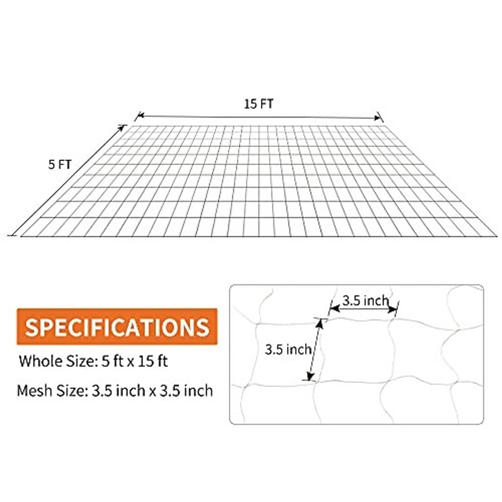 White trellis netting size diagram: 5 ft x 15 ft with 3.5 in mesh spacing