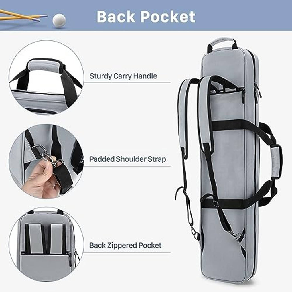 Grey pool cue case with padded shoulder strap and back zip pocket