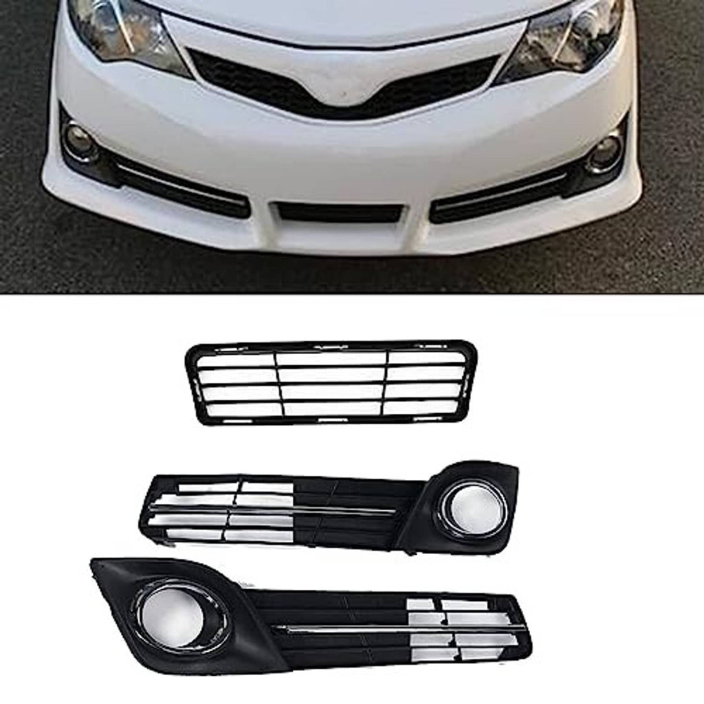 Installed-looking front bumper grille and fog lamp bezel covers, black with chrome slats