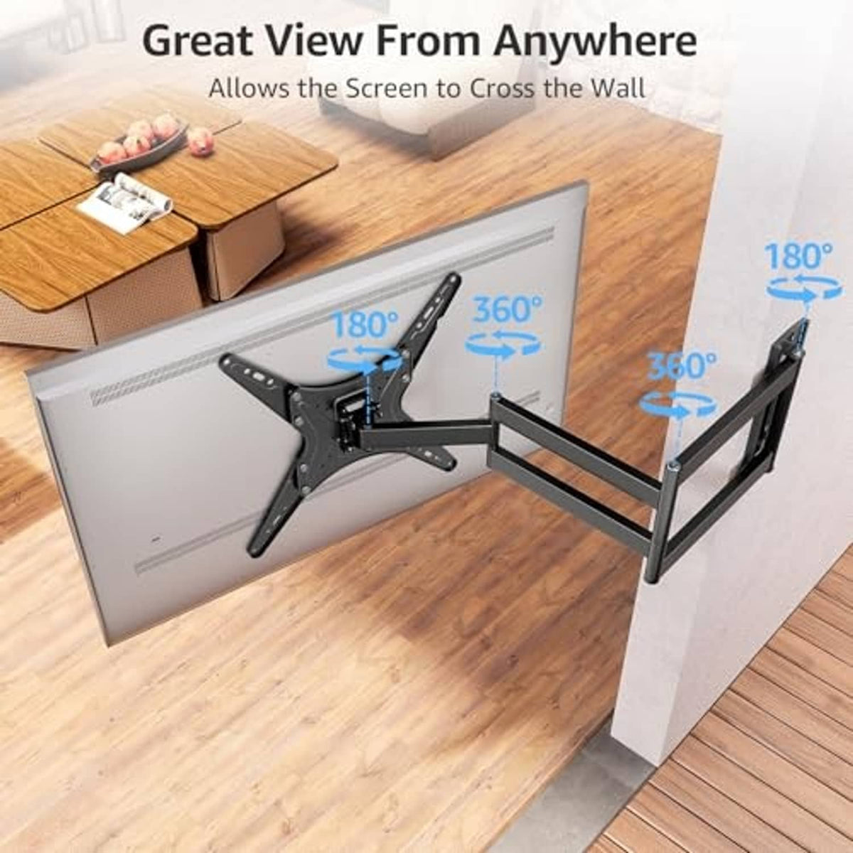 Long-arm TV wall mount with swivel arm for multiple TV viewing directions