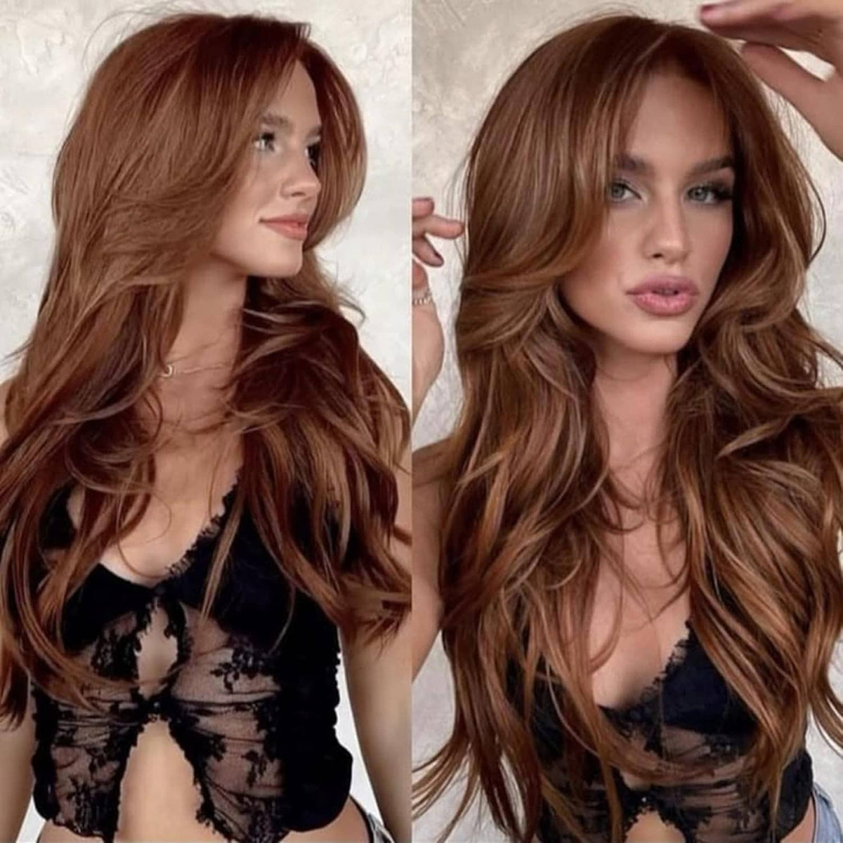 Copper brown long wavy wig with side-swept layers and curtain bangs