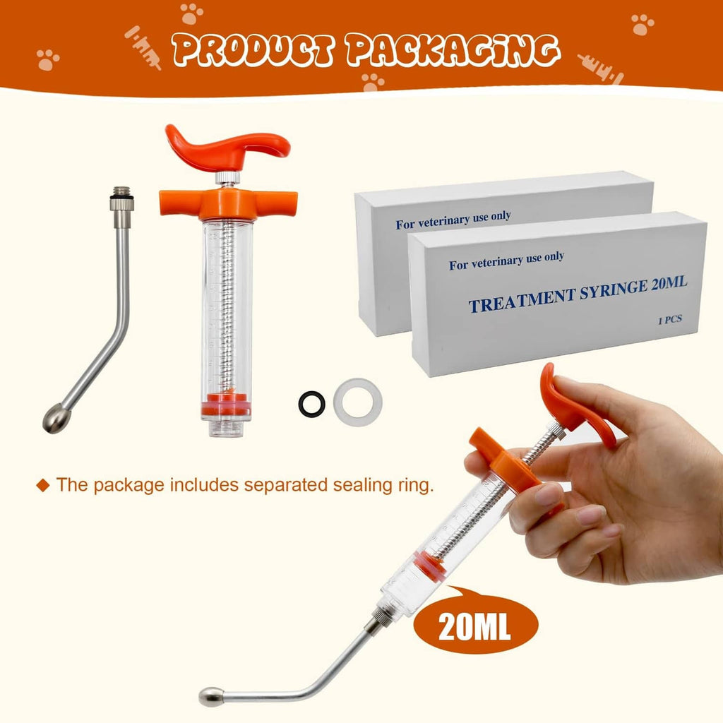 Orange drench syringe gun with clear measurement barrel and spare sealing rings
