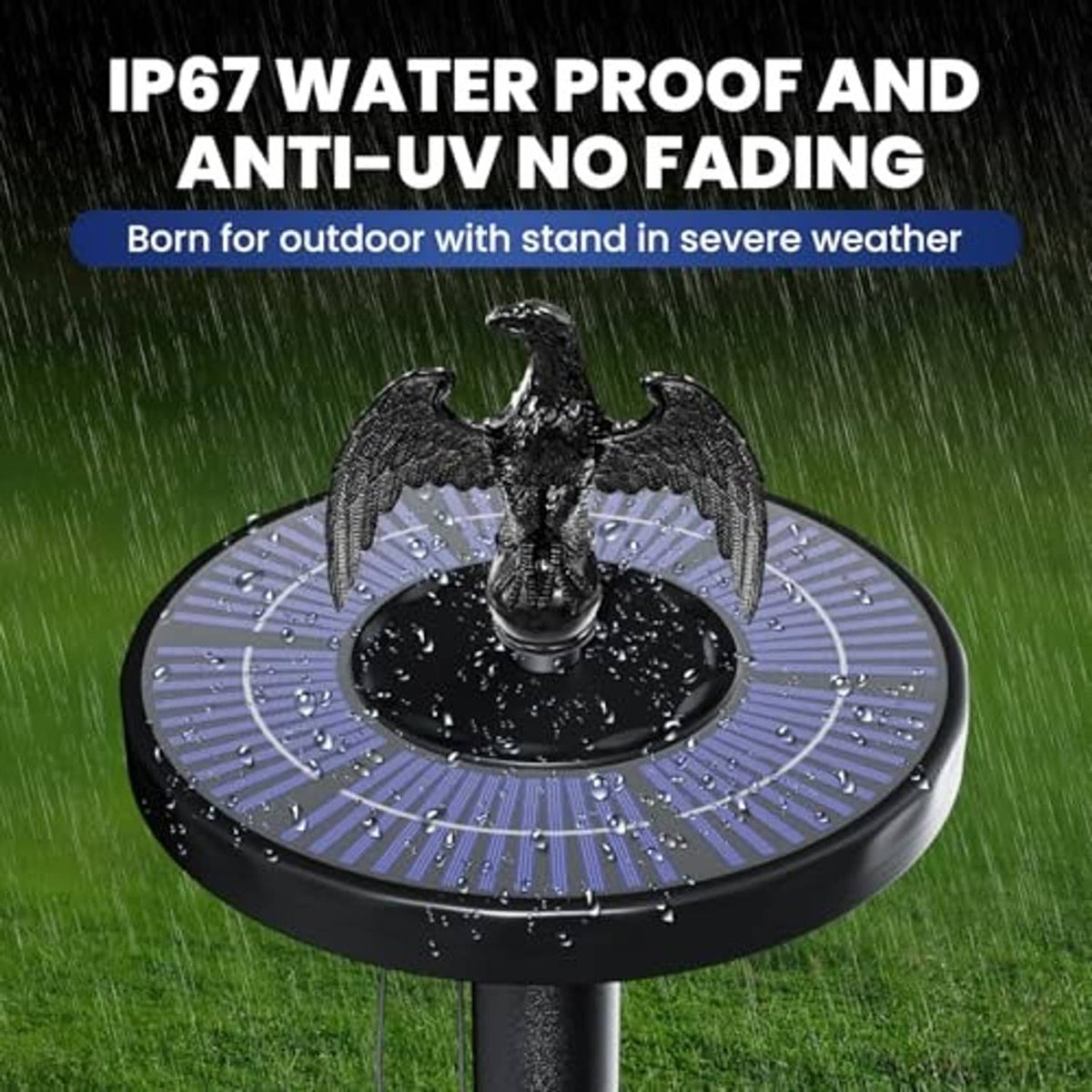 Waterproof solar flag pole light cap with eagle finial, raindrops on circular LED disk