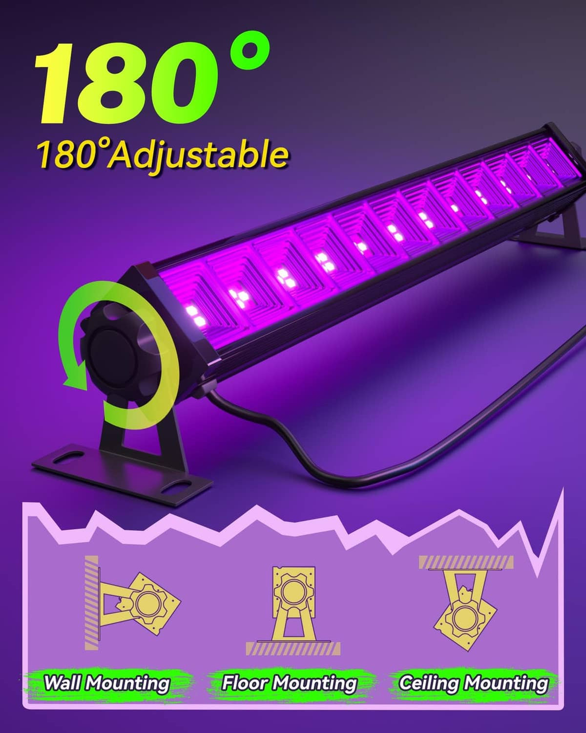 180° adjustable LED black light bar for floor, wall, or ceiling mounting