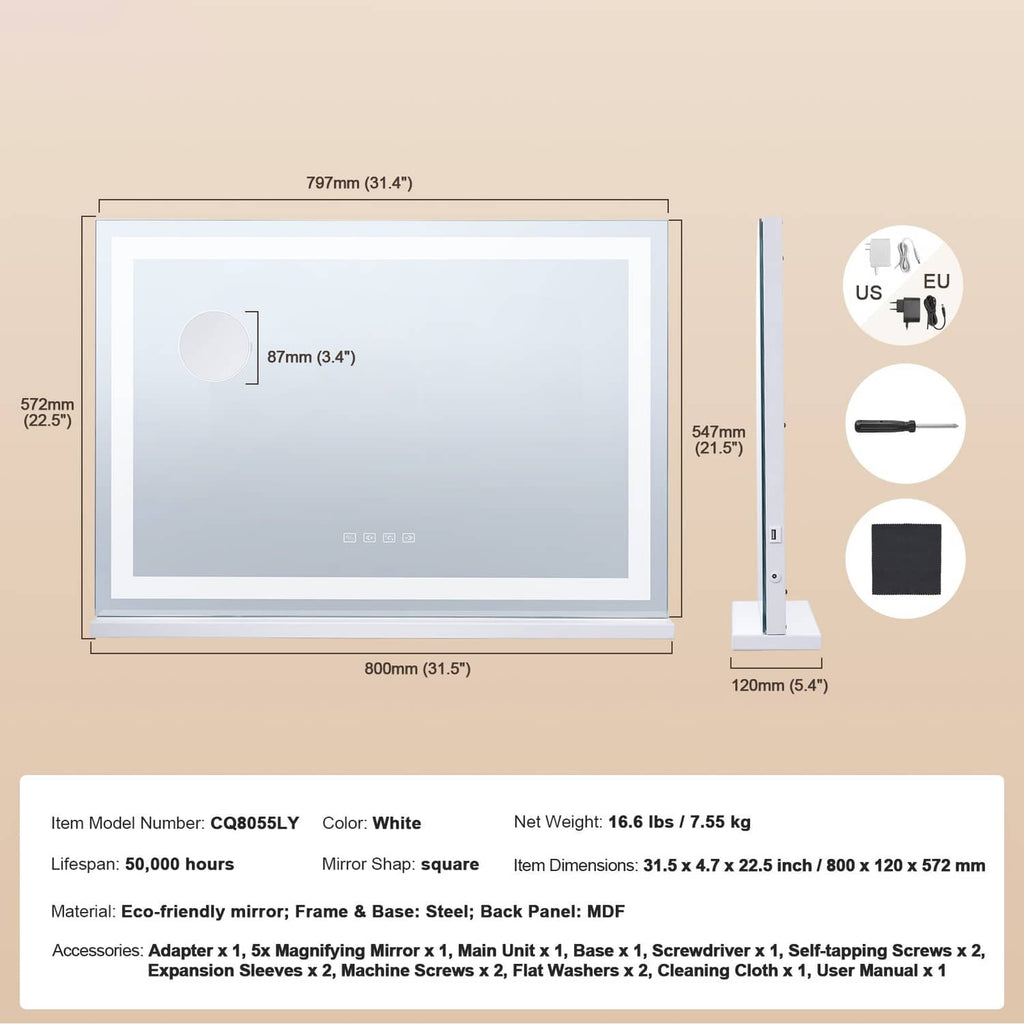 White square LED vanity mirror diagram with dimension labels and accessories
