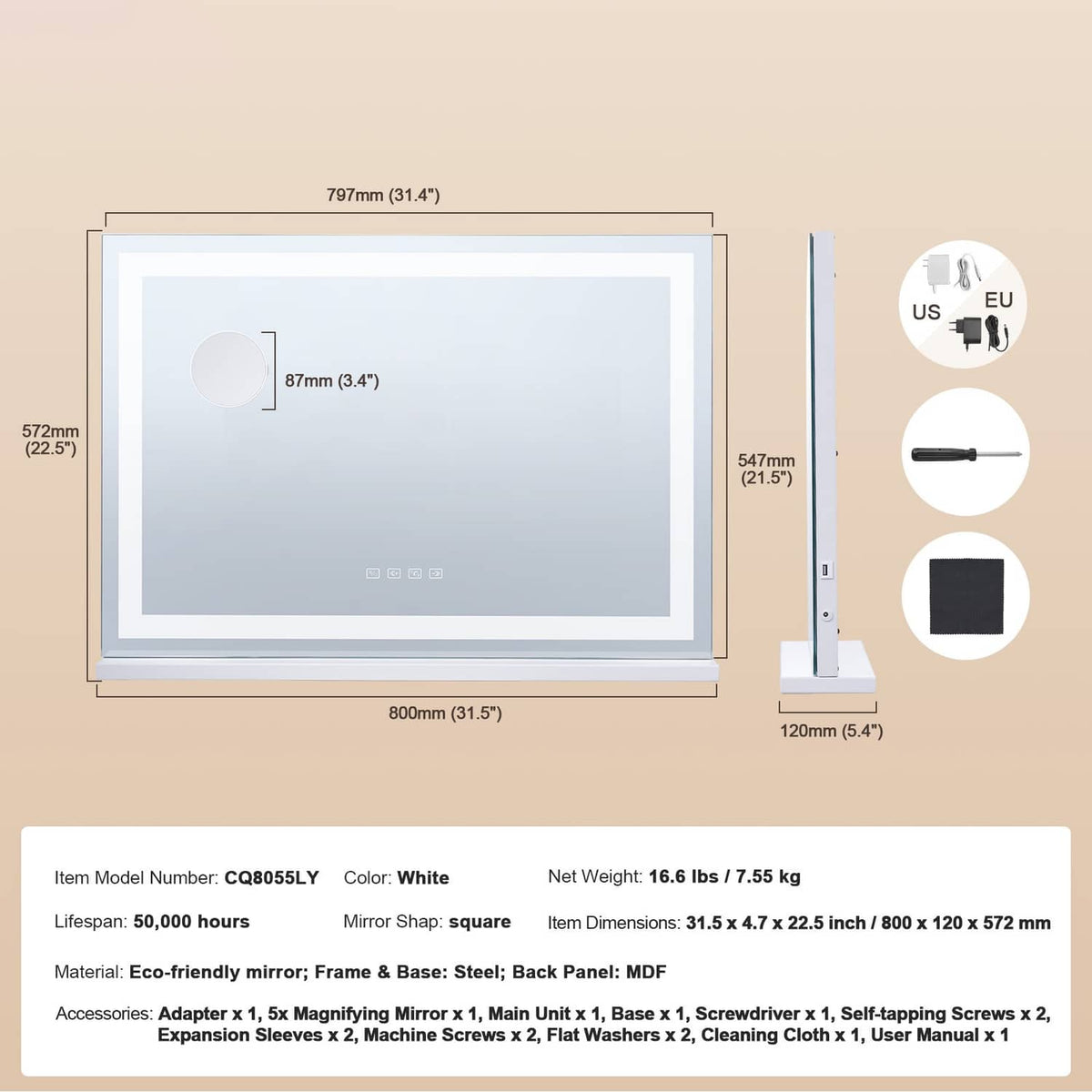 White square LED vanity mirror diagram with dimension labels and accessories