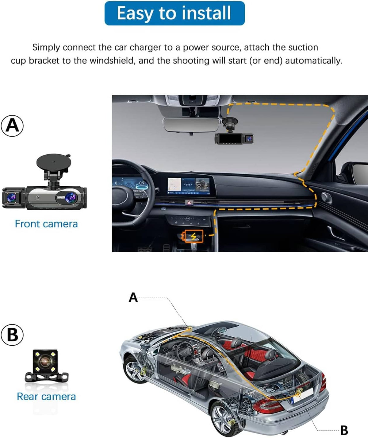 Dash cam installation kit with suction cup mount and front and rear camera units