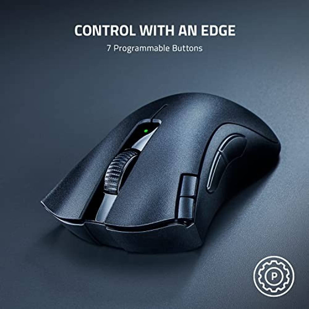 Black gaming mouse with textured top and illuminated indicator near scroll