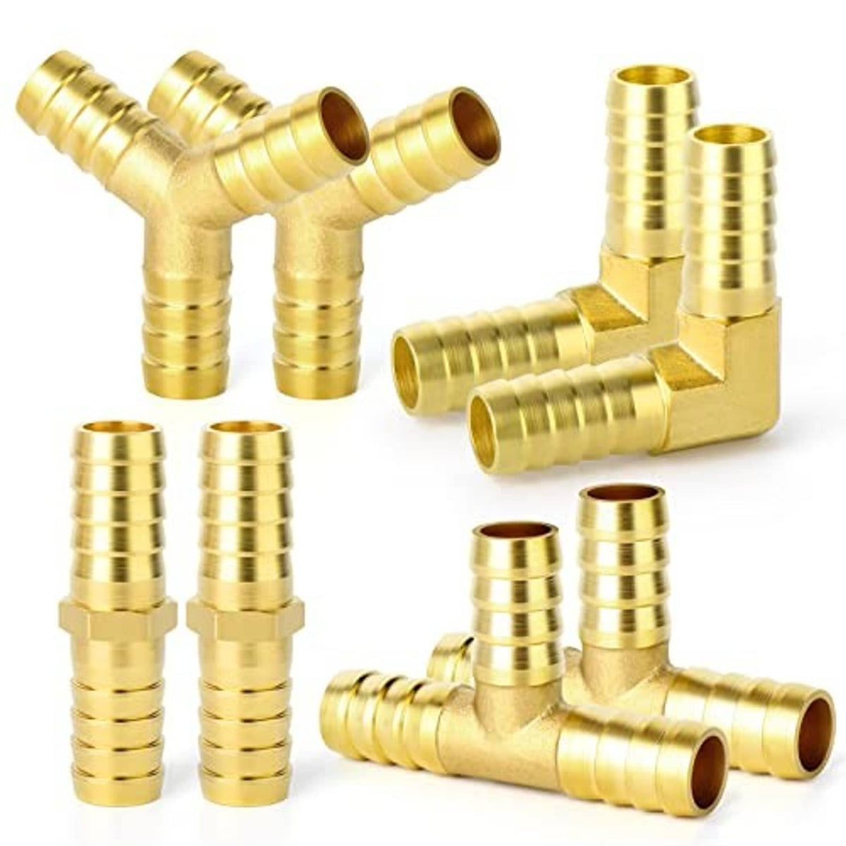 Brass hose barb fitting set with multiple 90-degree and straight barbs, 8 kit