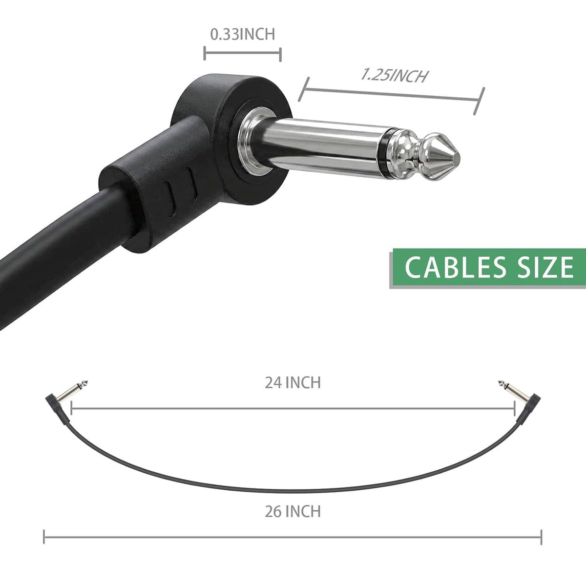 24-inch black right-angle 1/4-inch TS guitar patch cable with plug size details.