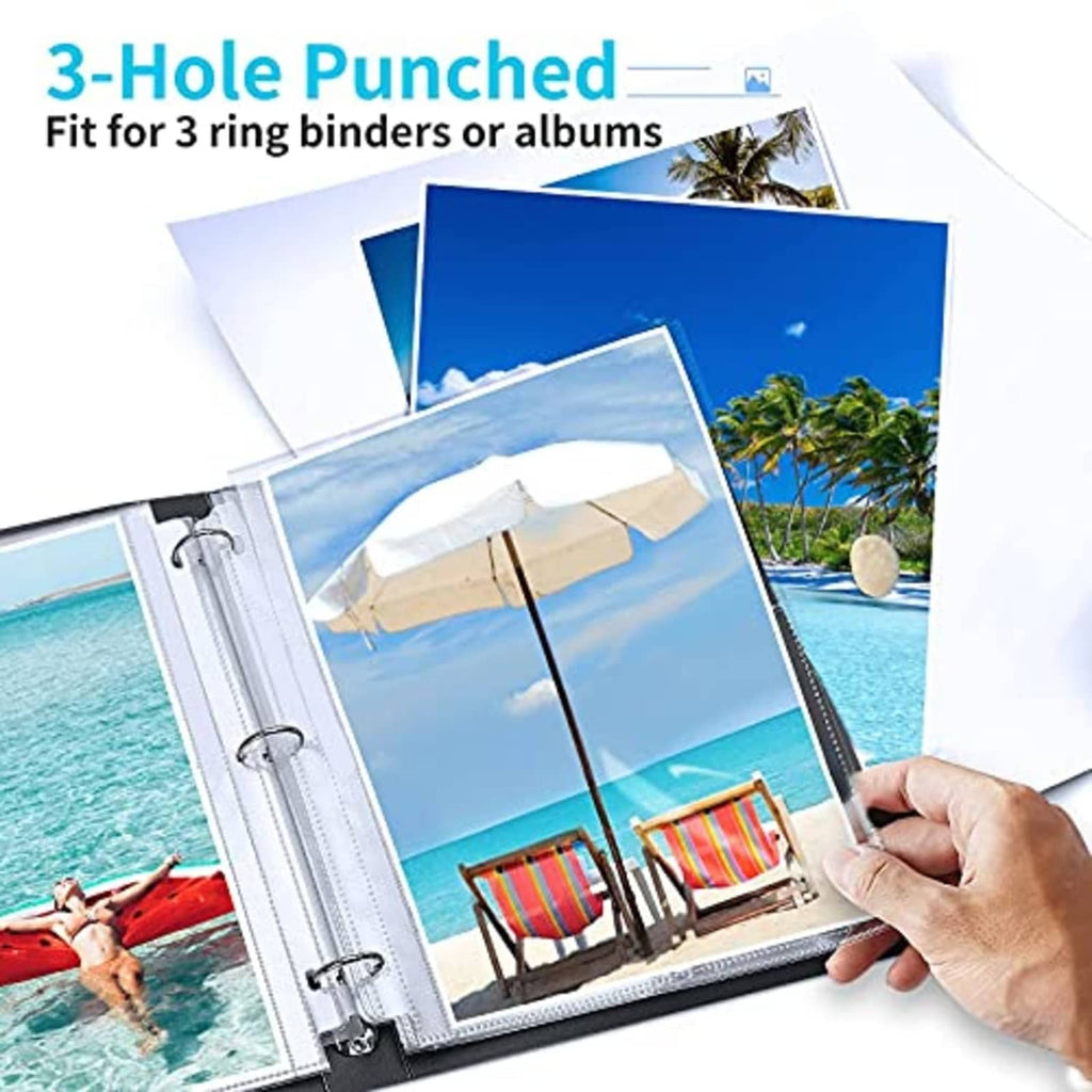 3-hole punched clear photo sleeves with open binder rings for 8x10 photos