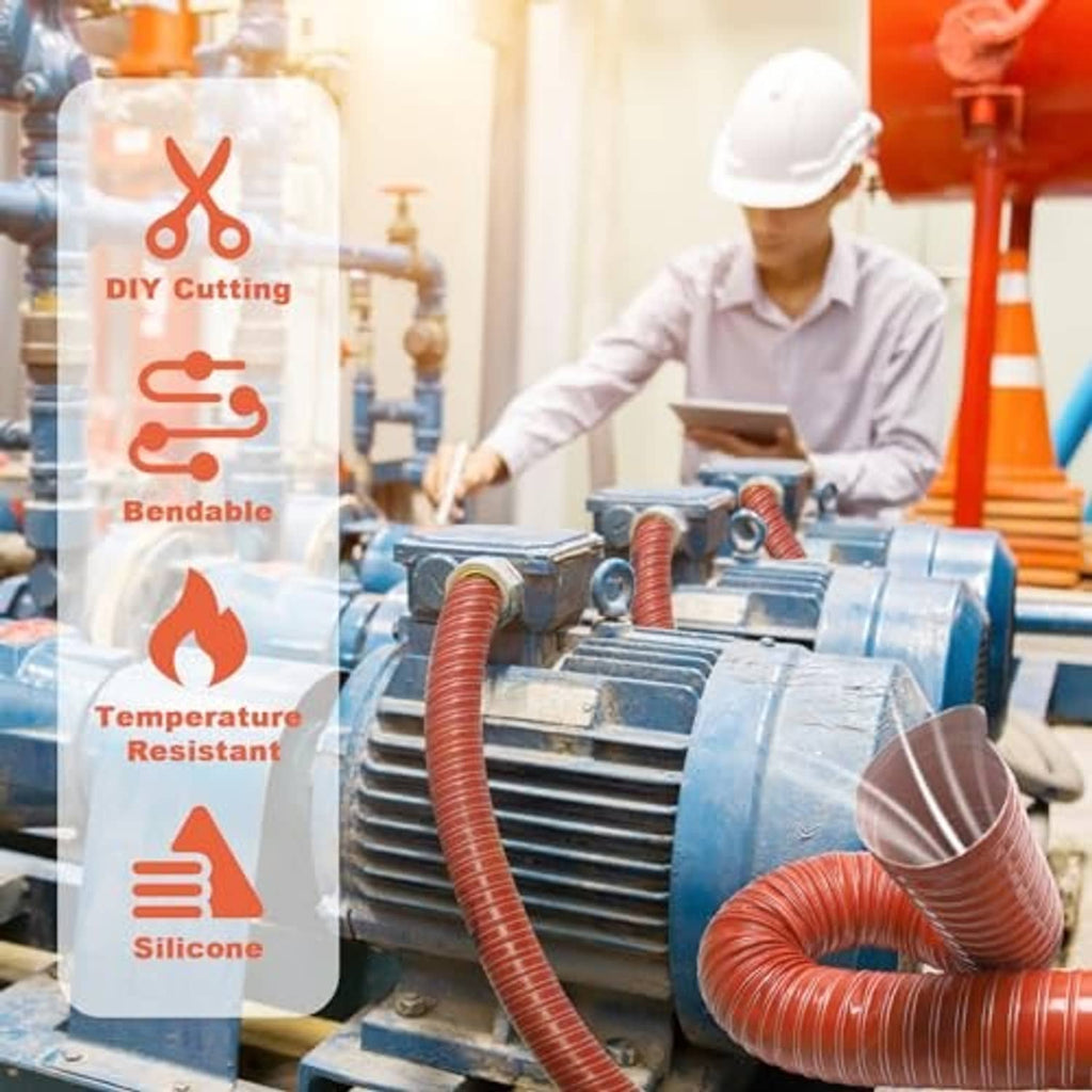 Red corrugated air duct hose connected to machinery, with open end and clamp.