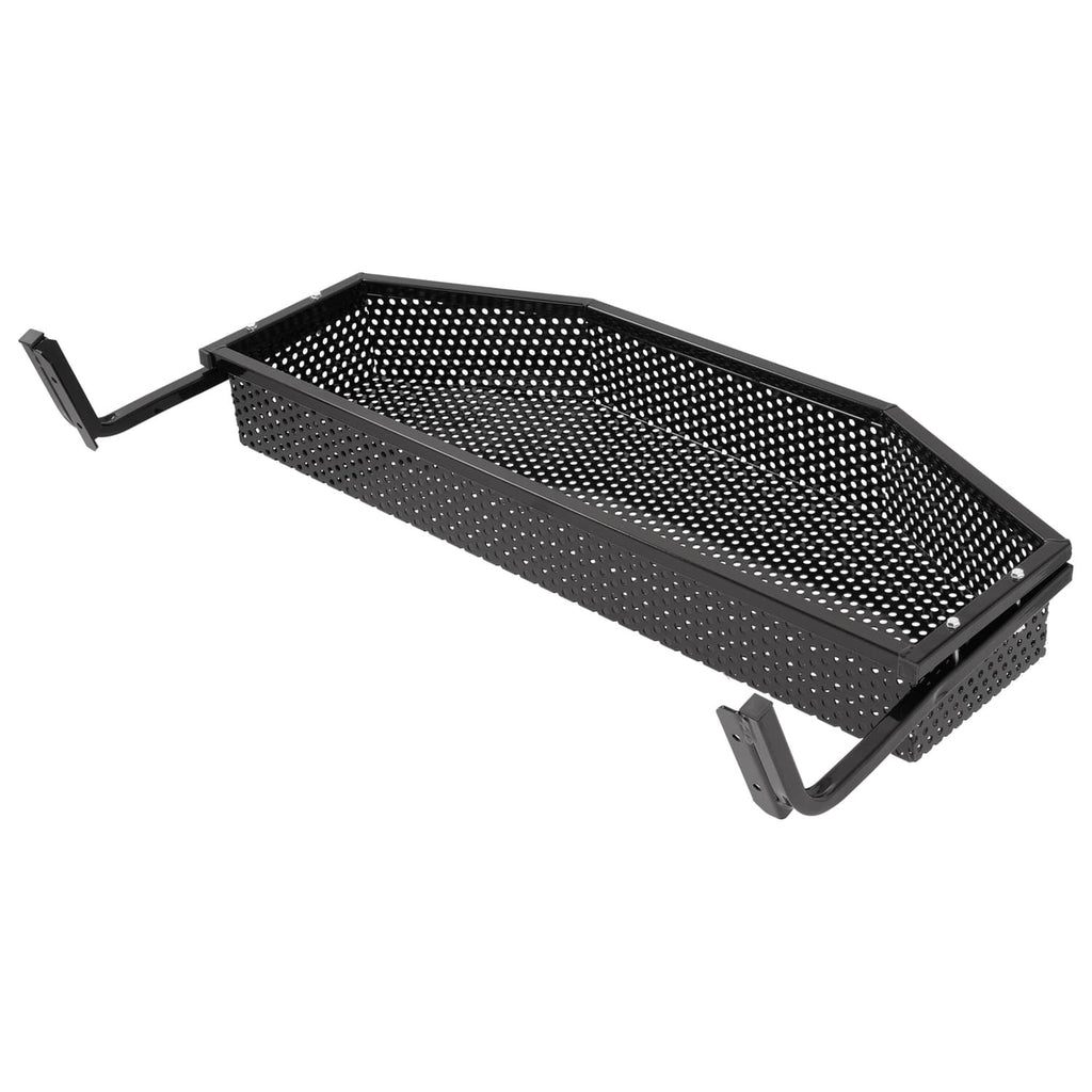 Perforated cargo basket angled view with black frame and corner mounting brackets