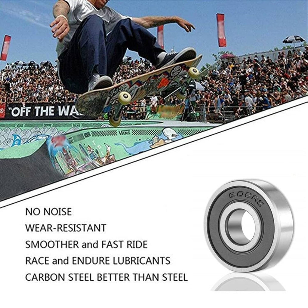 Single 608 2RS ball bearing with black rubber seal ring on silver steel housing