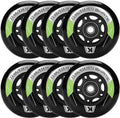 Inline skate replacement wheels set, black with green accents and spoke-style hub cutouts