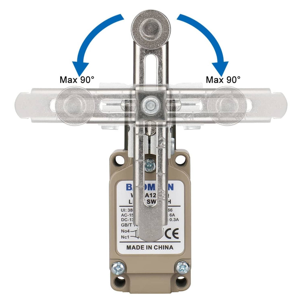 Adjustable roller lever limit switch with top actuator travel angle markings