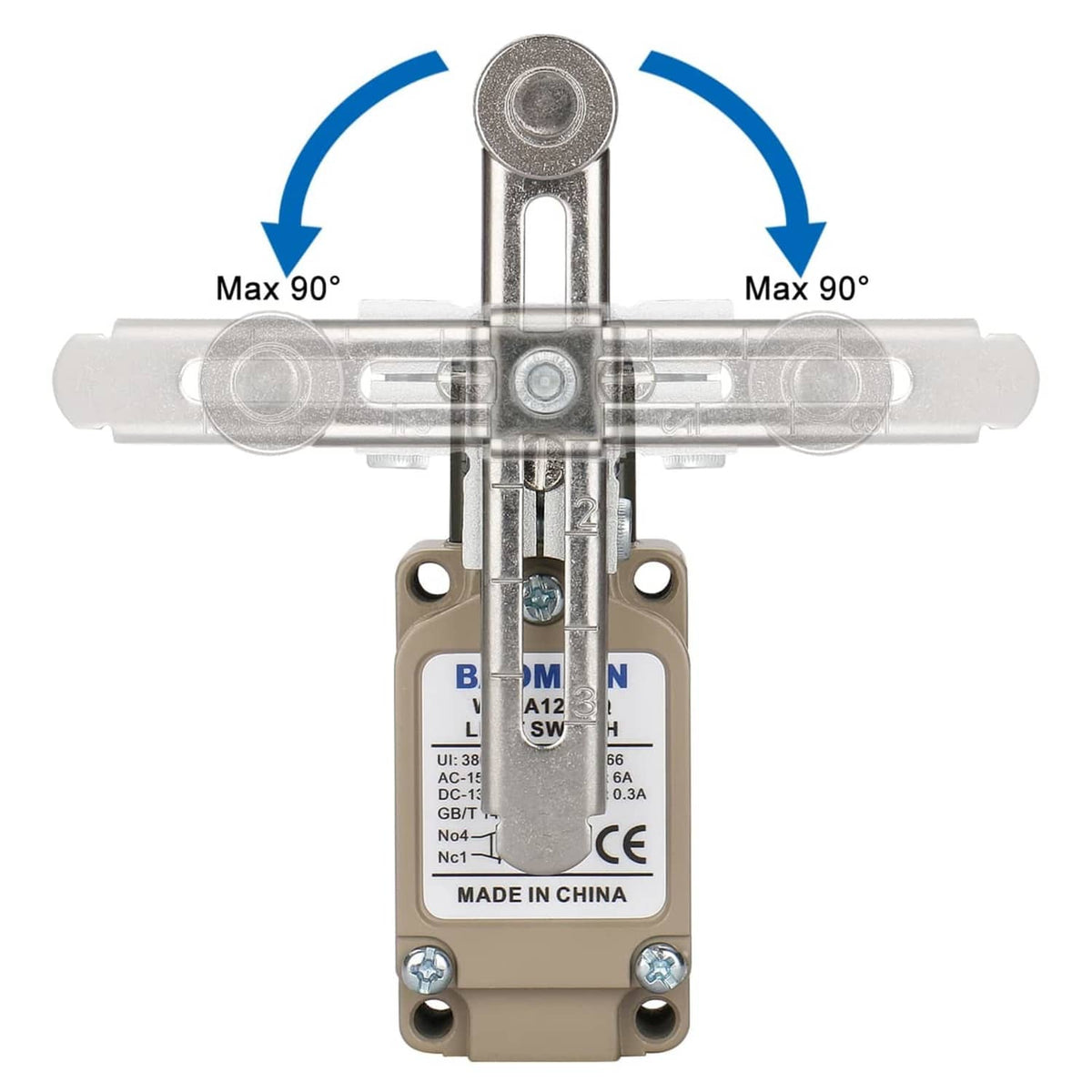 Adjustable roller lever limit switch with top actuator travel angle markings