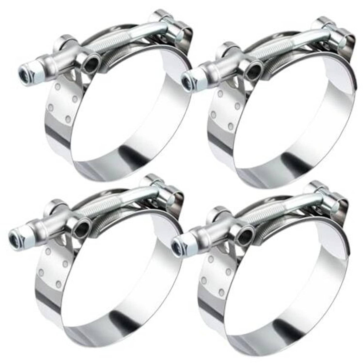 Stainless steel T-bolt hose clamps set of four with perforated band and T-bolt screw