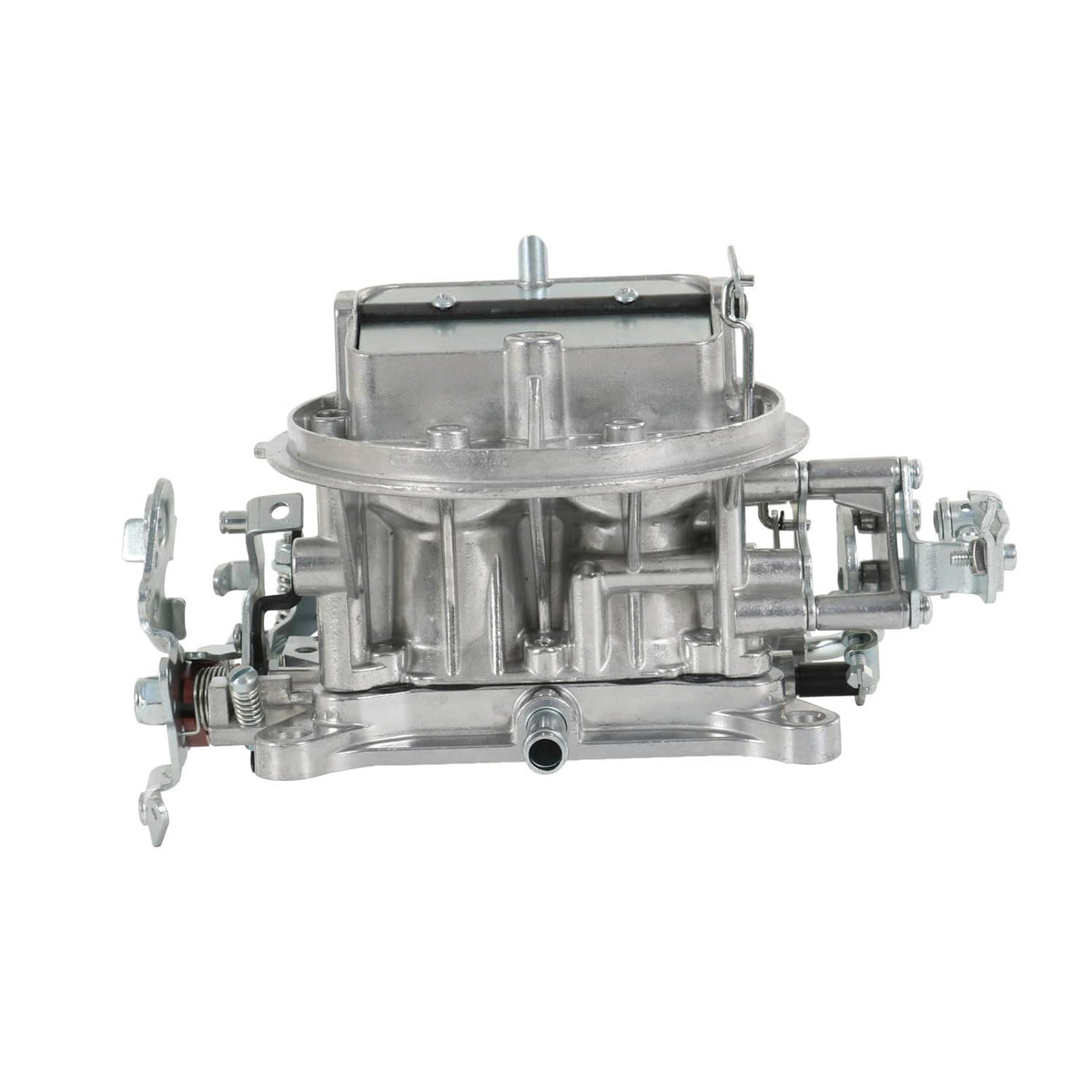 2-barrel carburetor rear view with large air horn opening and metal housing