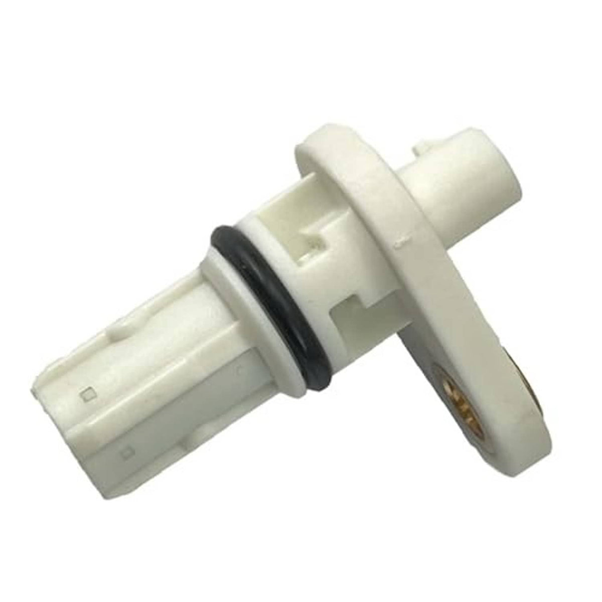 Crankshaft position sensor angled view with white connector and gold mounting hardware