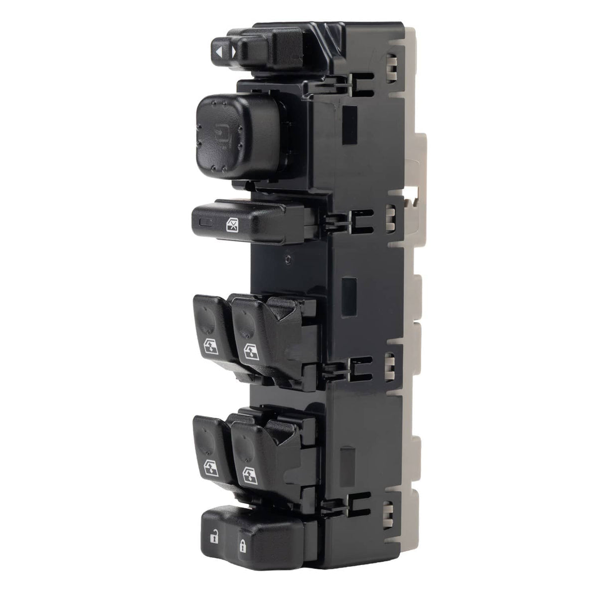 Driver side power window switch with window rocker buttons and connector back, black.