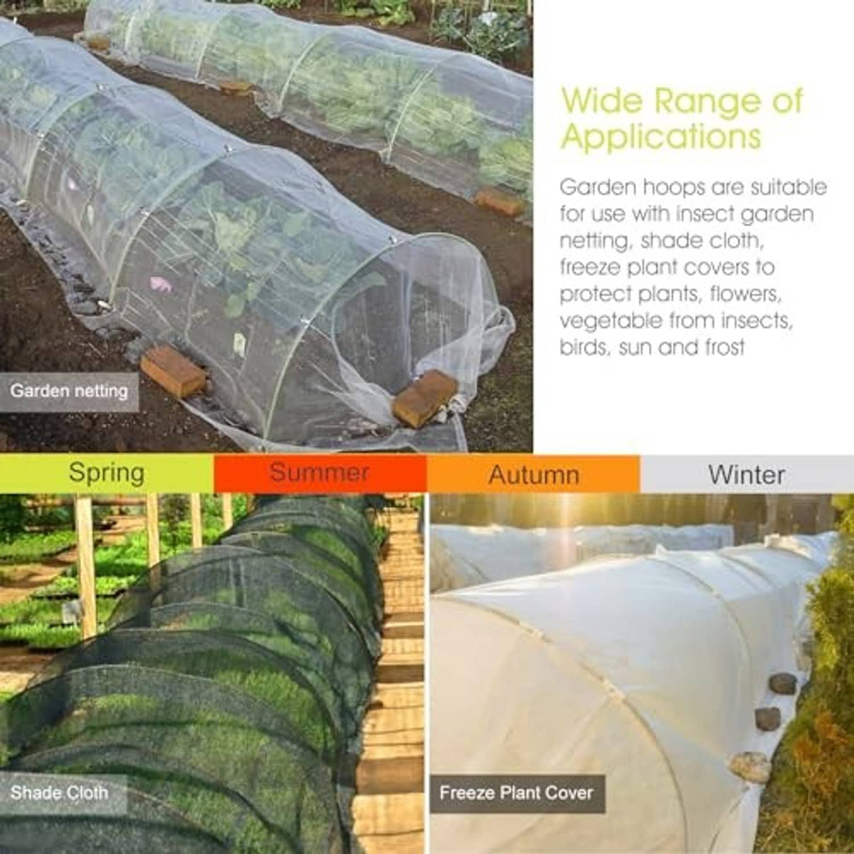 Garden hoop frames lifting clear netting and covers over raised beds