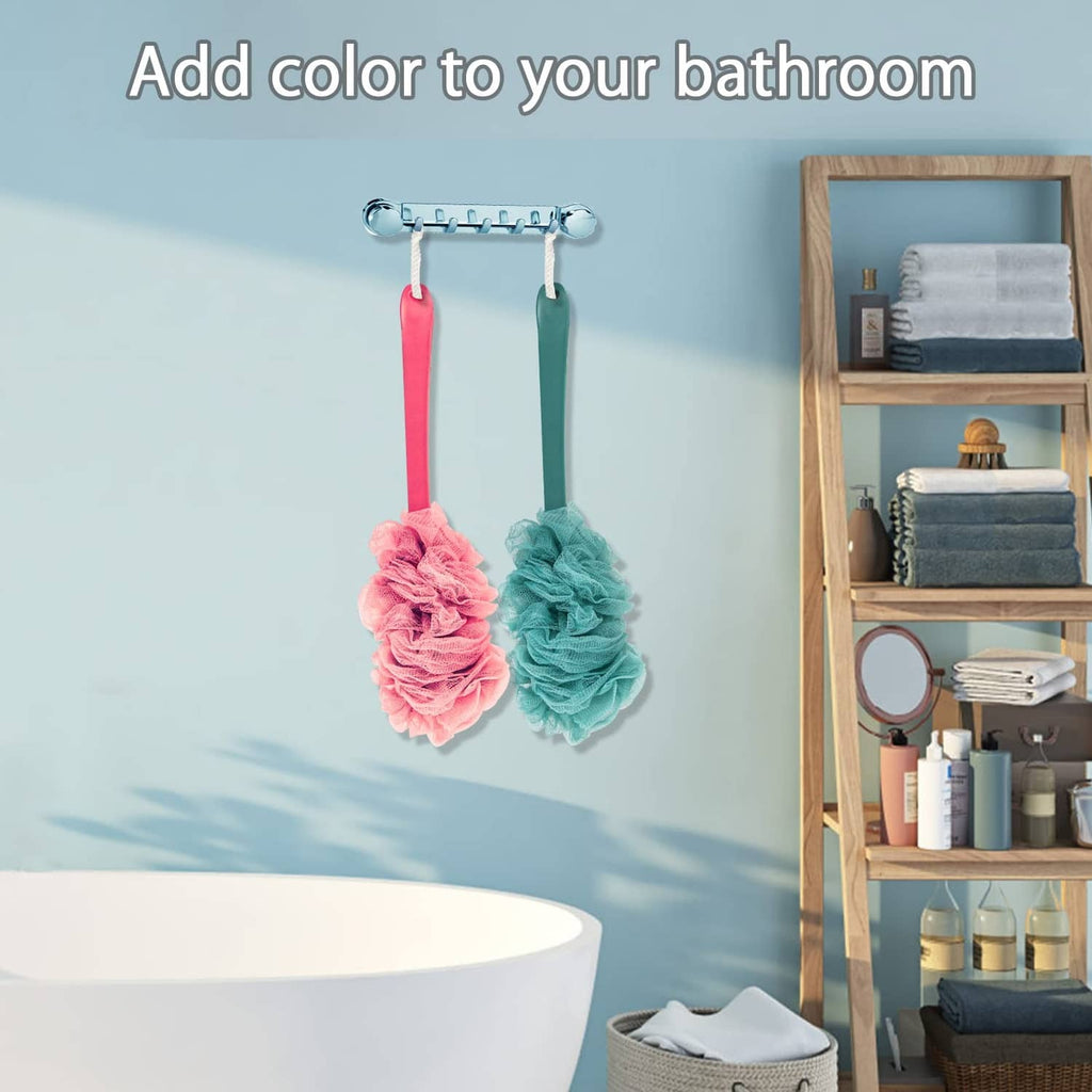 Hanging shower scrubbers with loop handles, pink and teal loofah sponges