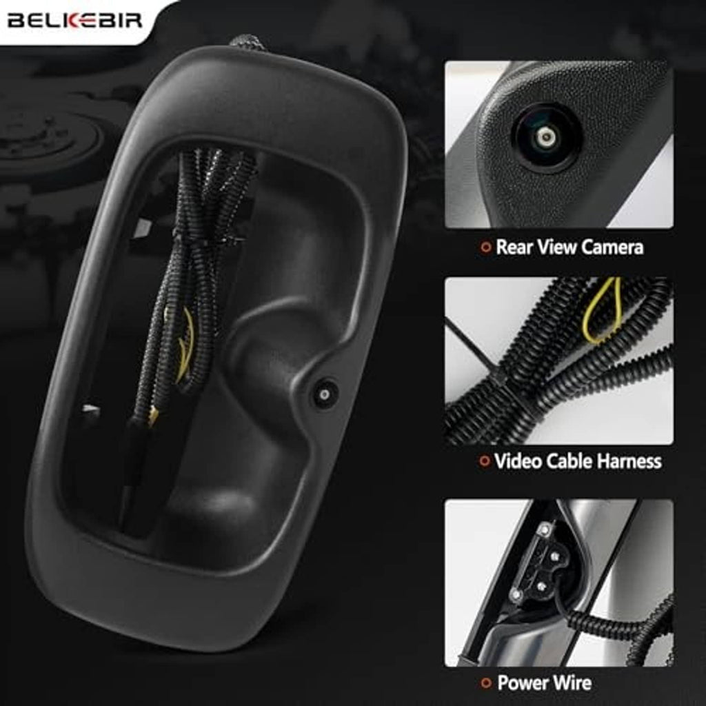 Rear view tailgate camera handle with video cable harness and power wire, black