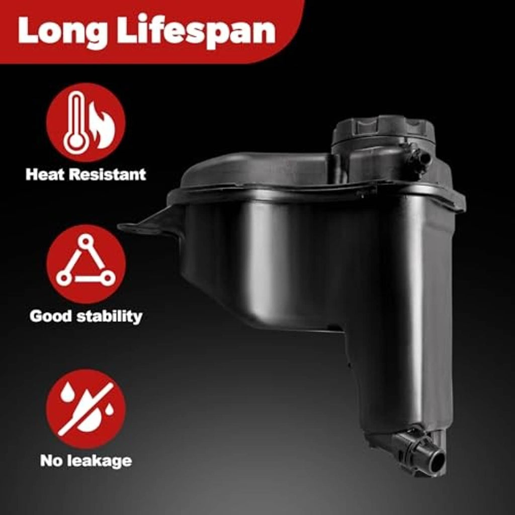 Heat-resistant black coolant reservoir tank with no-leak design and outlet connector