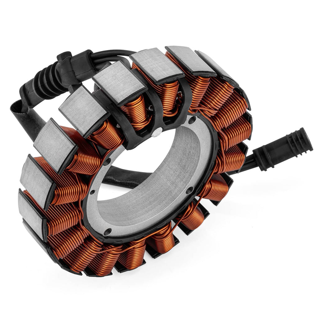 Generator stator coil ring with copper windings, gray lamination blocks, and black leads