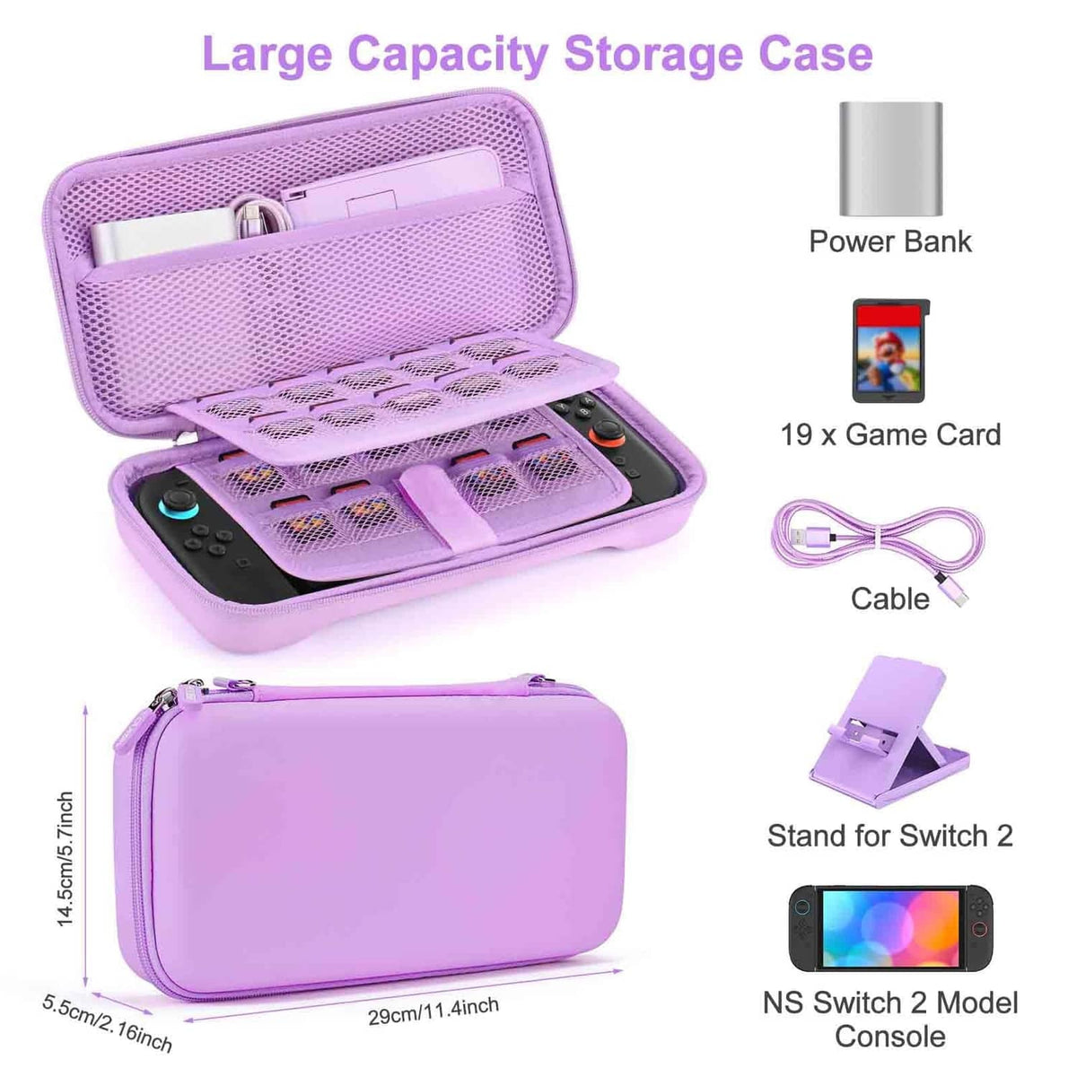 Purple zip-up storage case for Switch 2 with mesh organizer and compartments