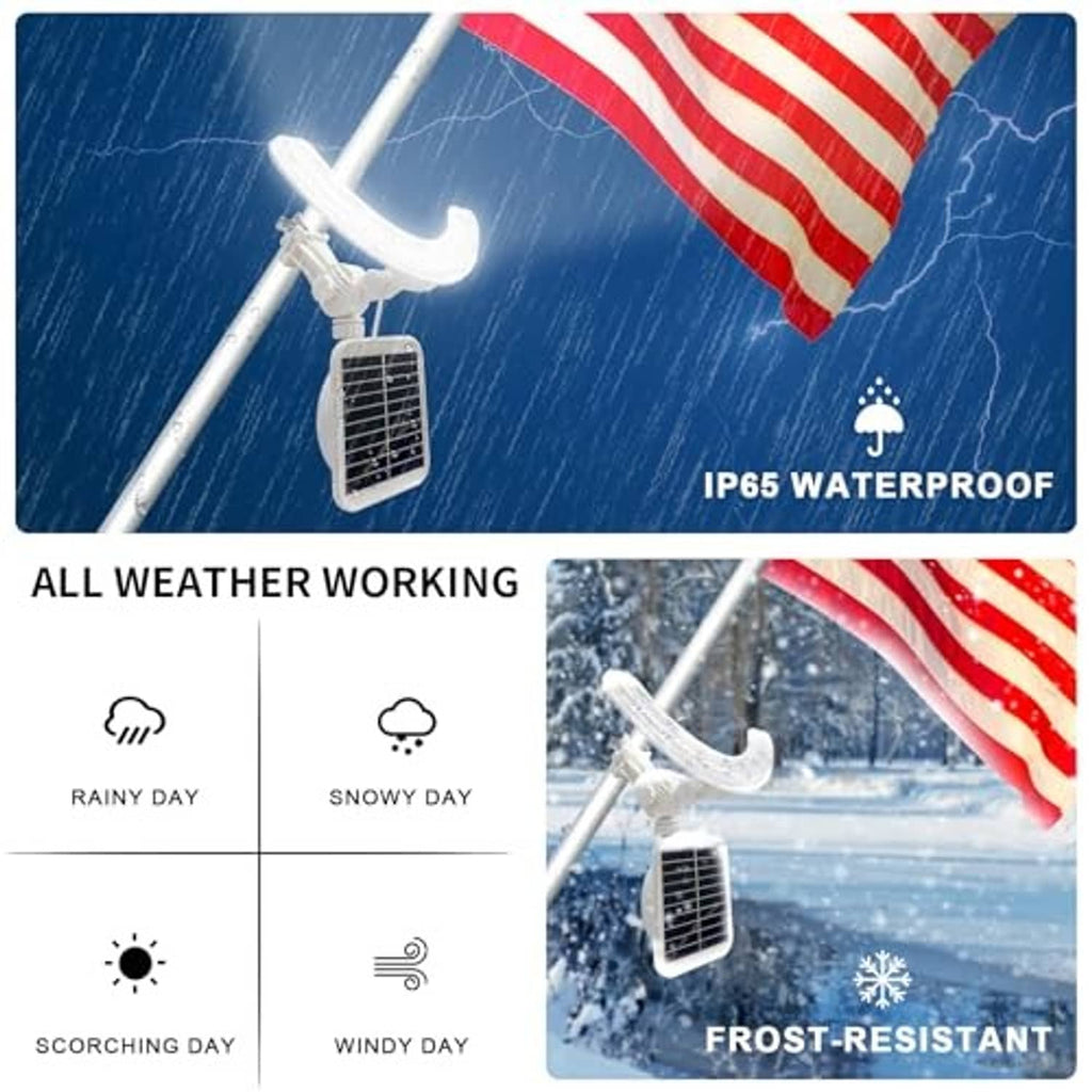 Solar flagpole light with curved LED arc and solar panel for wet weather use