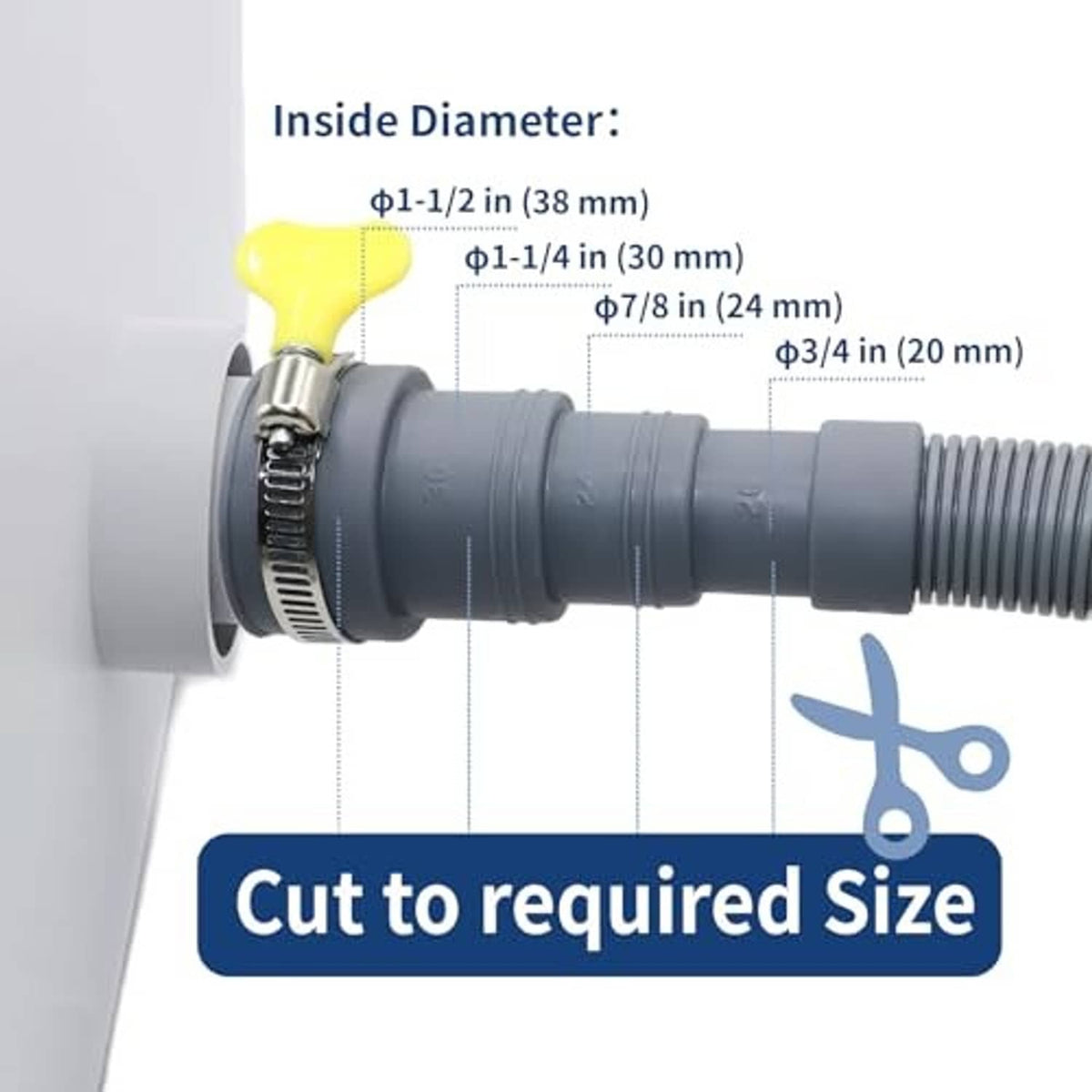 Gray corrugated hose connected to a drain outlet with metal hose clamp and yellow lever