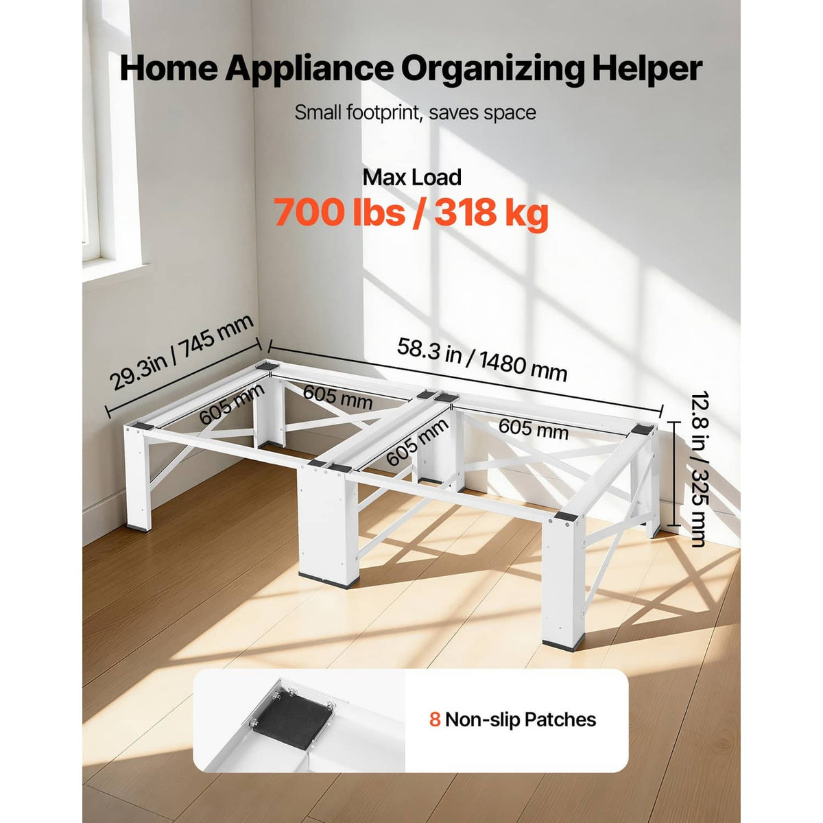 White laundry pedestal frame with open platform and non-slip pads, heavy-duty support
