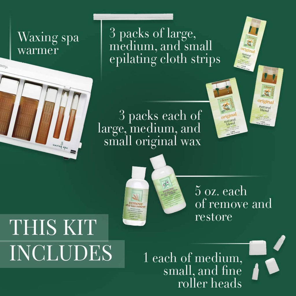 Roll-on wax kit includes waxing warmer, wax strip packs, and remove/restore bottles