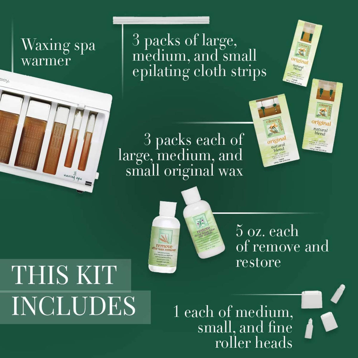 Roll-on wax kit includes waxing warmer, wax strip packs, and remove/restore bottles