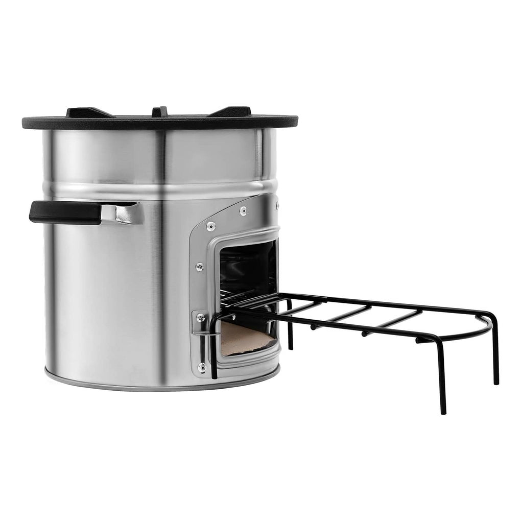 Portable camping rocket stove side view, metal body, open door and black cooking grate