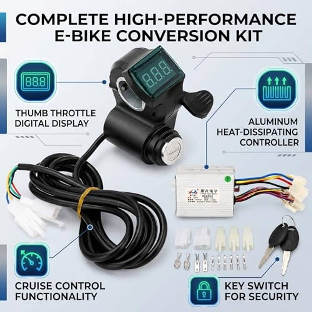 E-bike motor controller kit with thumb throttle display, heat-dissipation controller box, cables