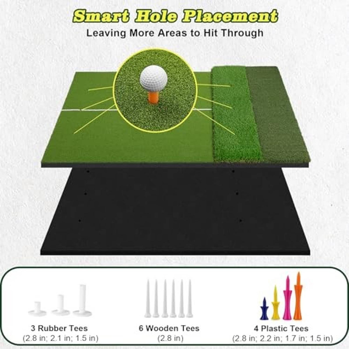 Green golf hitting mat with centered tee target and a narrower turf strip to the right